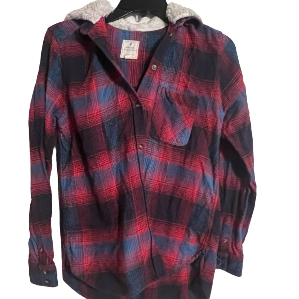 American Eagle flannel button up with fleece hood. Vintage boyfriend line